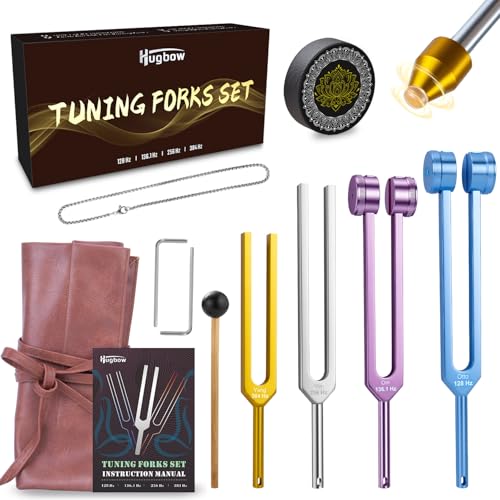 Image of Tuning Forks for Healing, 4 PCS Aluminum Alloy Tuning Fork 128Hz, 136.1Hz, 256Hz, 384Hz, Hockey Puck Activator & Feet, Chain, Weighted & Unweighted Tuning Fork Set with Vegan Leather Pouch
