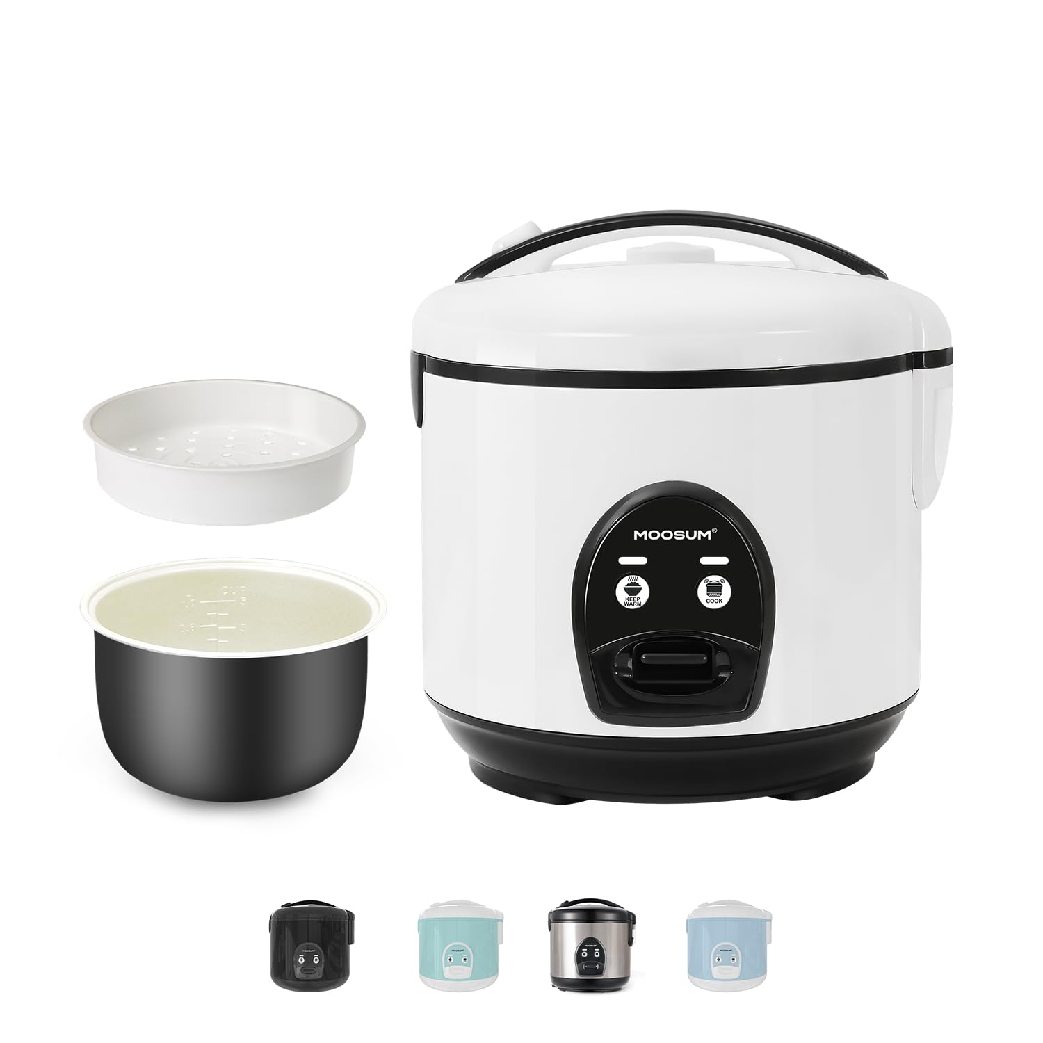 MOOSUM Rice Cooker & One Button Operation, 0.8 L - 5 Cups, For 2-5 People, Quick Preparation without Burning, With Warming Function Including Steamer Insert, Spoon & Measuring Cup, White
