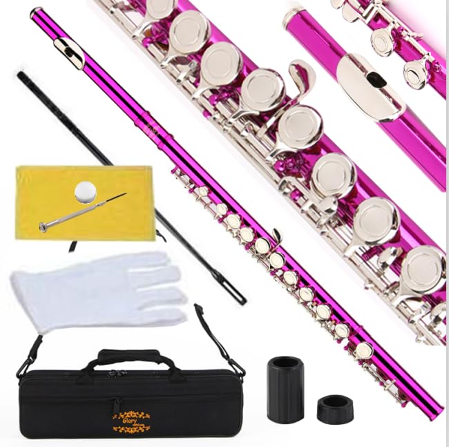 Image of Glory Closed Hole C Flute With Case, Tuning Rod and Cloth and Gloves pink