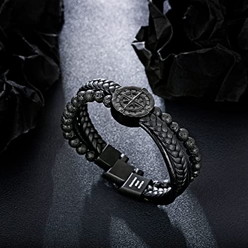 Murtoo Men's Bracelet Leather With Compass,Braided Leather Bracelets For Men Magnetic Clasp 7.5/8.5/9.5 Inch Gift For Husband Boyfriend Father (Black, 7.5Inch) #TOP2
