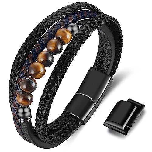 Bracelet Pierre Homme en cuir noir - Bracelet pour homme - Bijoux Cadeau Homme 22.5cm