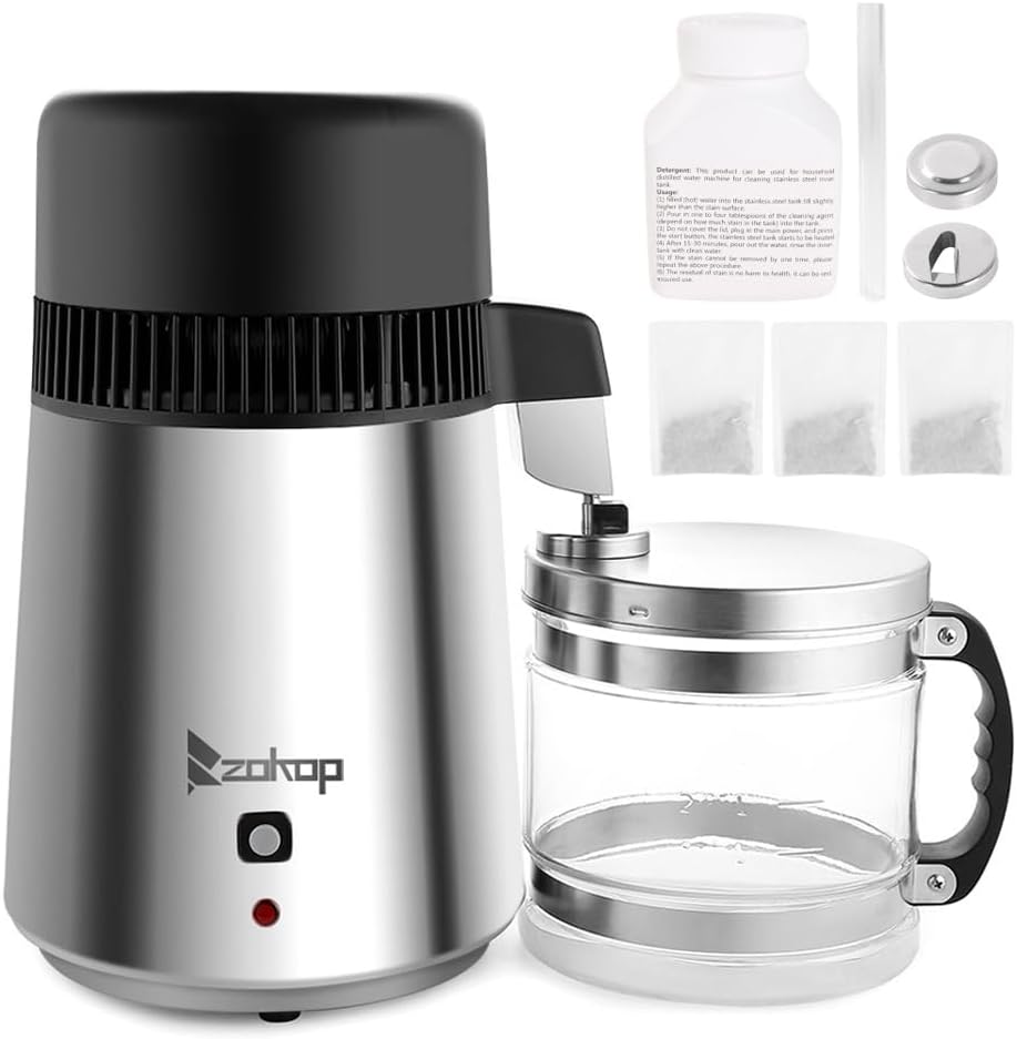 4L Water Distiller, Countertop Distilled Water Machine w/Glass Container, 750W Water Purifier Machine w/Stainless Steel Interior, Water Filter Machine Distilling Pure Water Maker for Home Humidifier