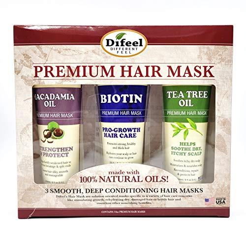 Difeel Premium Hair Masks For Strengthening & Growth 3-Pc Set - Macadamia Oil Hair Mask 8Oz, Biotin Hair Mask 8Oz & Tea Tree Oil Hair Mask 8Oz #TOP11