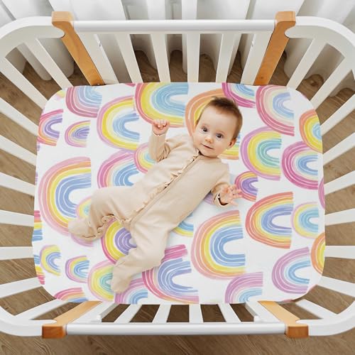 Image of Crib Sheet Breathable Soft Crib Mattress Sheet for Baby Toddler Boys Girls Fitted Crib Sheet Fit Standard Crib Mattress 52 x 28 Inch Gradient Cute Rainbows