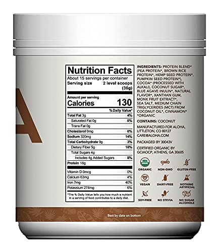 Image of ALOHA Organic Plant Based Protein Powder, Stevia Free, Chocolate, 19.6 oz, 15 Servings