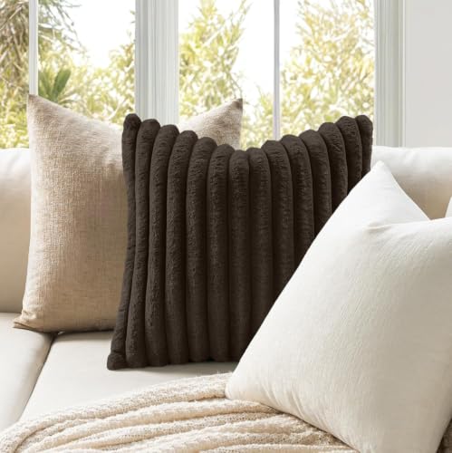 Image of MIULEE Faux Fur Decorative Throw Pillow Covers 20x20 Set of 2 Dark Brown | Modern Fall Soft Plush Couch Pillows, Cozy Fluffy Cushion Covers for Sofa Bed Living Room Home Decor