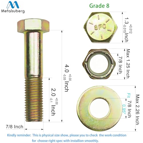Image of 7 /8 inch x 4 inch Hex Head Bolt by Color Galvanization with Nylon Lock nut and Large Size Washer Assortment Kit,Alloy Steel,Grade 8.(4pcs Pack),by Metalsuberg
