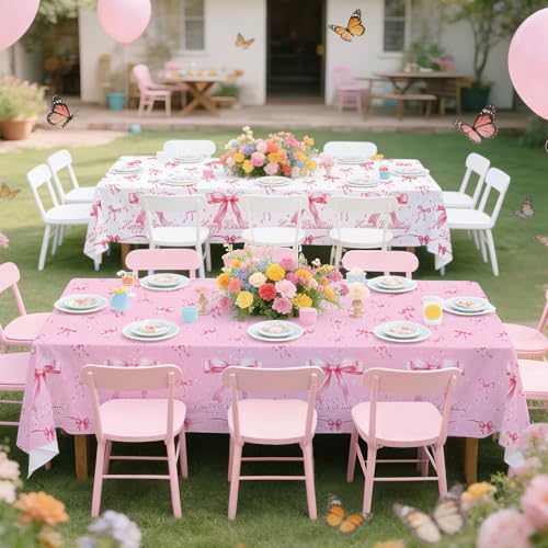 Image of Gatherfun Pink Bow-Themed Party Supplies Set for Women: Happy Birthday & Bachelorette Decorations Combo - Includes 2 Disposable Tablecloths (54 x 108 inch) for Birthday & Tea Party Decorations
