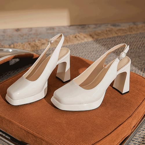 Women's Patent Leather Platform Closed Square Toe Pumps Shoes Fashion Block High Heel Sexy Slingback Adjust Ankle Backstrap Dress Pumps Sandals for Office Party Formal 3.54 Inch4