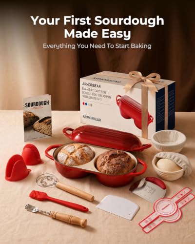 Image of Sourdough Bread Baking Kit with Double Loaf Cast Iron Bread Pan, Red | Bakes two mini loaves at once with banneton proofing baskets included