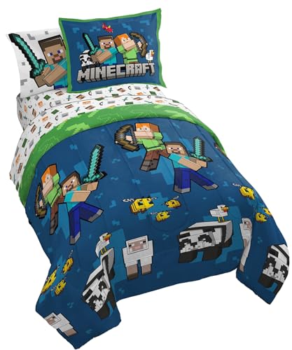 Image of Jay Franco Minecraft Full Comforter Set - 7 Piece Bedding Includes Sheet Set & Pillow Covers - Super Soft Kids Bedding Creeper & Zombie