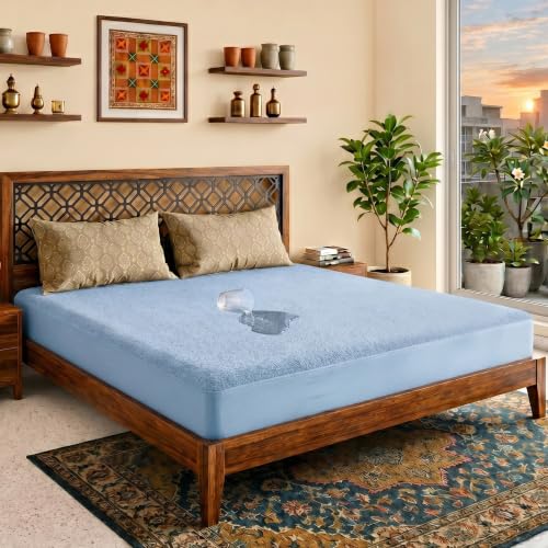Image of Lithara Terry Cotton Fitted Mattress Protector for King Size Bed | Waterproof & Elastic Band | Ultra Soft & Hypoallergenic Mattress Cover | Size : 72 x 80 Inches (6 x 6.67 Feet) | (Sky Blue)