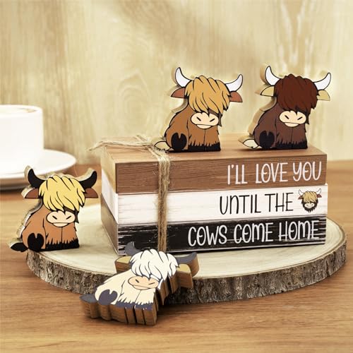Image of Whaline Highland Cow Wooden Tiered Tray Decor Farmhouse Decorative Faux Stacked Books Rustic Table Centerpiece Block Signs for Party Home Kitchen Dining Table Decor