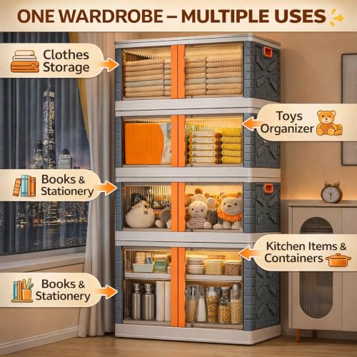Image of BAMEOS ๐ ๐๐๐๐๐ Foldable Plastic Storage Cabinet with Double Transparent Doors | Dustproof Storage Organizer for Clothes, Toys, Books & Baby Essentials | Multipurpose Wardrobe Storage for Home