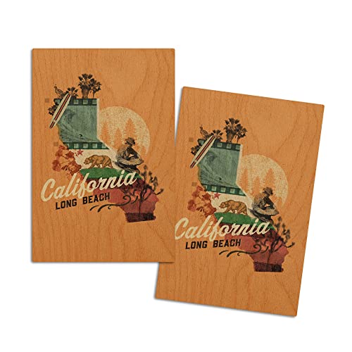 Long Beach, California, State Photomontage, State Series, (4x6 Birch Wood Postcards, 2-Pack Stationary, Rustic Home Wall Decor)