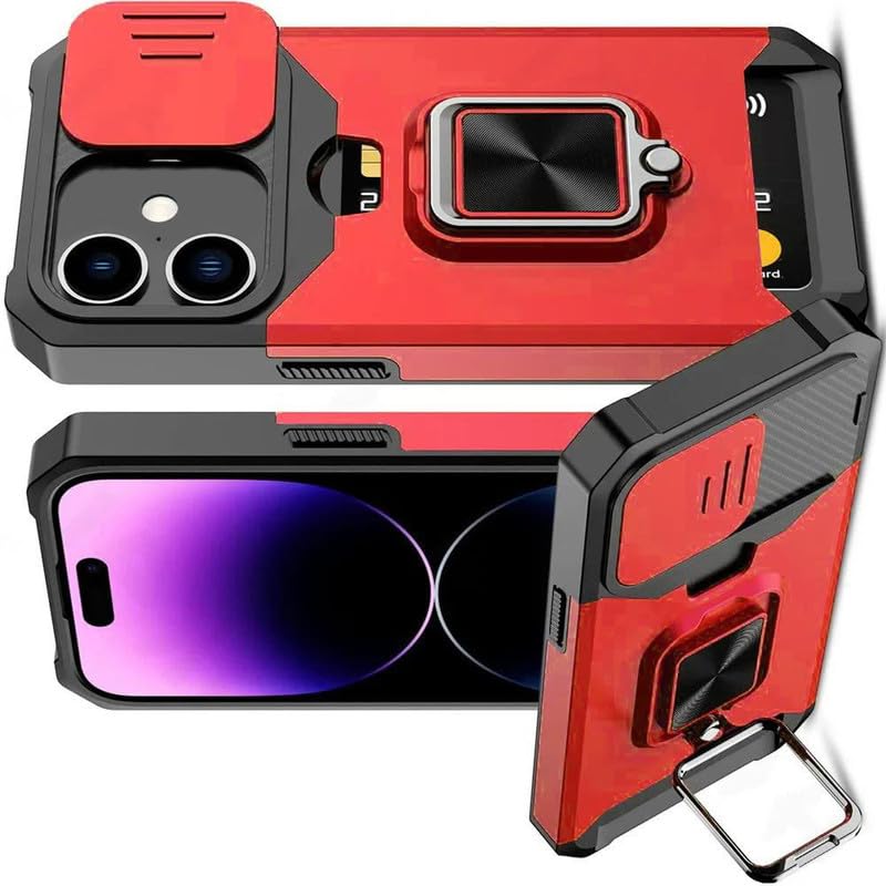 Image of LuxuryKase Shockproof Armor Case for iPhone 16 Plus | Slide Camera Cover | Hidden Card Slot | Rotating Ring Kickstand | Magnetic Car Mount Support | Military Grade Protection - Red