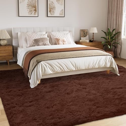 Image of FVVRAX 5x8 ft Ultra Soft Shag Area Rug - Plush Fluffy Non-Shedding Carpet for Bedroom & Living Room, Modern Home Decor Bedside Rug for Kids Nursery Dorms, Easy Clean, Brown