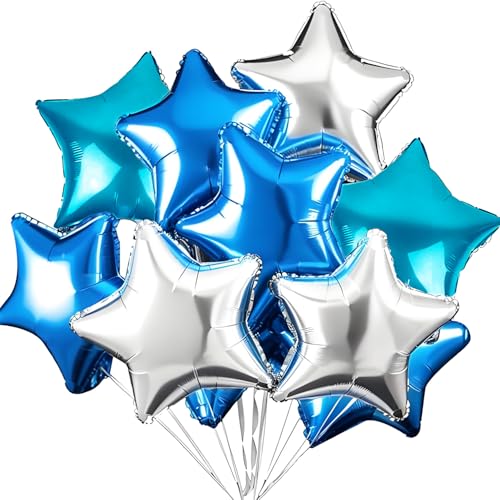 15 Globos estrella de aluminio, 5 Azul oscuro + 5 Azul claro + 5 Plata, 18 pulgadas para helio, decoración de cumpleaños, aniversario, graduación para hombres y niños