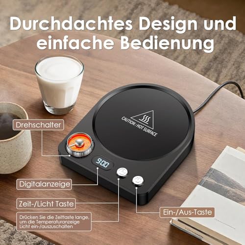 Kaffeewärmer, aufgerüstet Tassenwärmer, Elektrischer Kaffeewärmer 9 Temperatureinstellungen Schreibtisch Tassenwärmer mit 30min-9h Abschaltautomatik für Kaffee Tee Kakao Milch – Bild 2