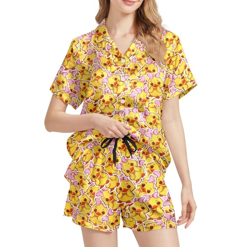 Funny Pajamas for Women Set Print Satin Loungewear Pjs Short Sleeve Button Down Top and Shorts Sets Sleepwear XS-3XL