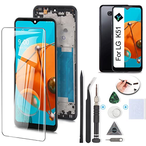 Display for LG K51 Screen Replacement Touch Digitizer for LG K51 LCD K500 K500UM K500KM K500MM LMK500MM LCD Display Panel Replacement Assembly with Kit(Black with Frame)
