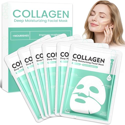 6 pcs Collagen Face Mask,Daily Care face Sheet mask,Hydrating Faces Beauty Care Masks,Skincare Hydrating&Nourishing masks,for Soothe,Repair,Hydration,Suitable For All Skin Types