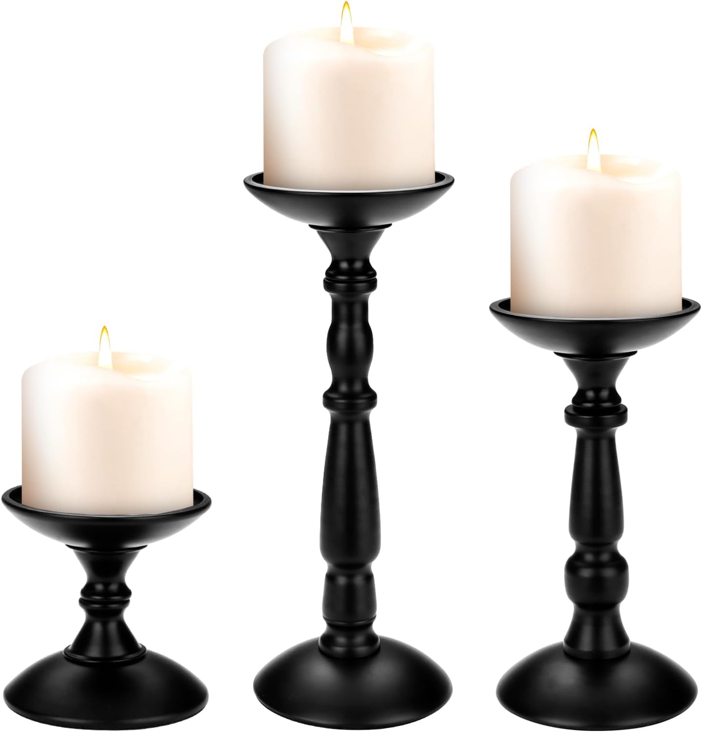 LELE LIFE Black Pillar Candle Holder Set of 3, Tall Rustic Metal Candle Stand with Sponge Pad, Decorative Farmhouse Decor for Table Centerpiece Fireplace Home, 3.9"+7.9"+10.6"