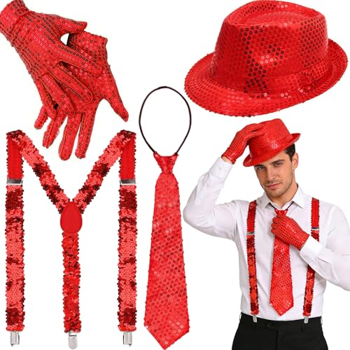 DTAOZFA Accessoires de costume à paillettes pour homme, bretelles à paillettes, tenue à paillettes, tenue pour homme, chapeaux, bretelles, gants, cravate,...
