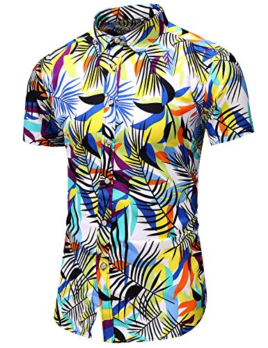 LEFTGU camisa de vestir con botones y manga larga para hombre con estampado floral - Blanco - Large pecho 116.07 cm