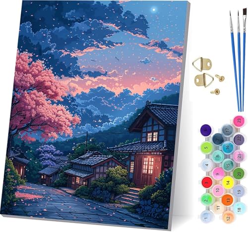 家々 数字油絵 DIY Paint by Numbers for Adults 木 手作りキット子供初心者 塗り絵 数字 キット ブラシとアクリル絵の具が入 ペイントバイナンバー 大人のクラフトアクティビテ ホーム オフィス装飾 女性へのギフト 70x95