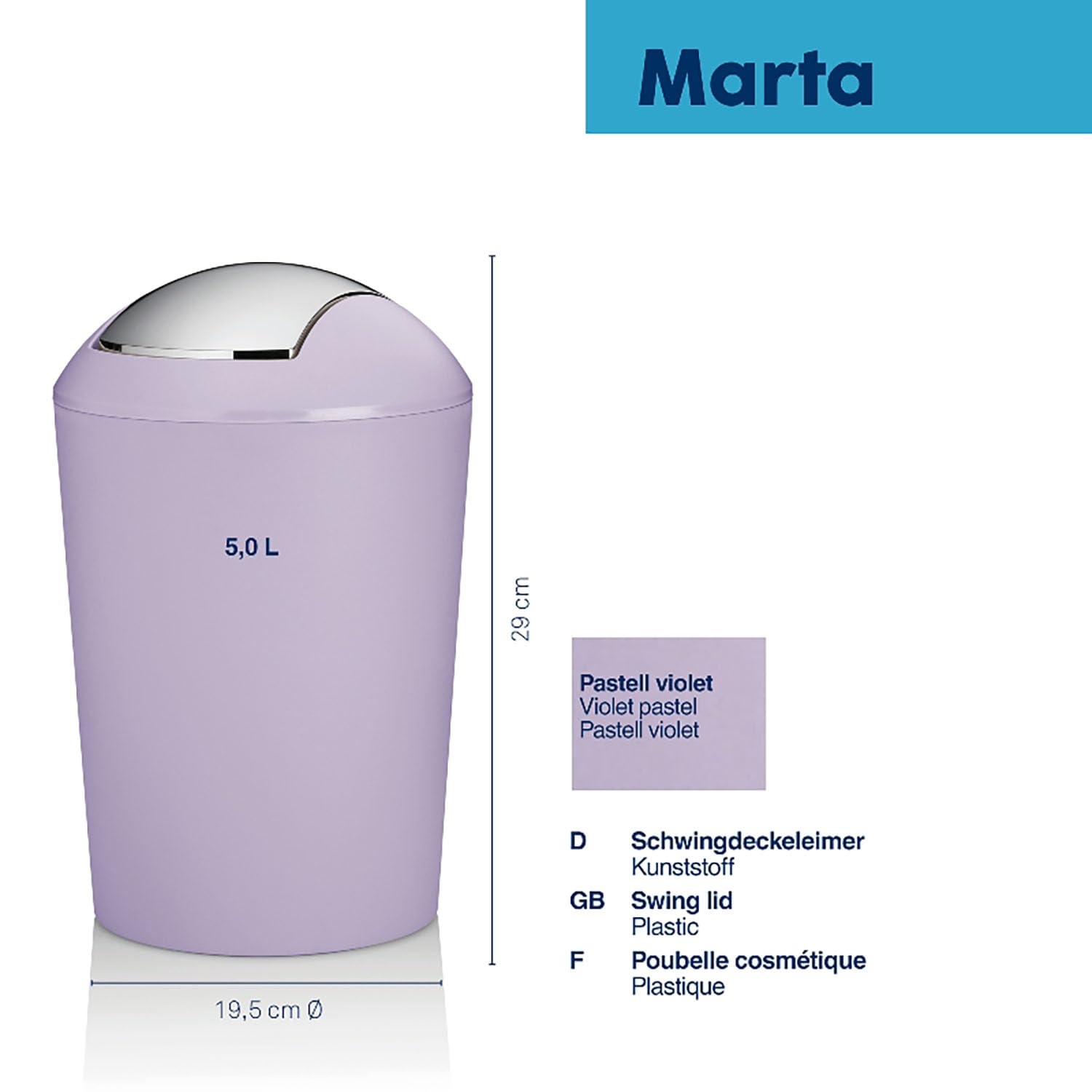 kela Cubo con tapa basculante violeta, cubo para cosméticos de 5 l con tapa basculante, plástico, MARTA, cubo de basura para baño en violeta pastel mate