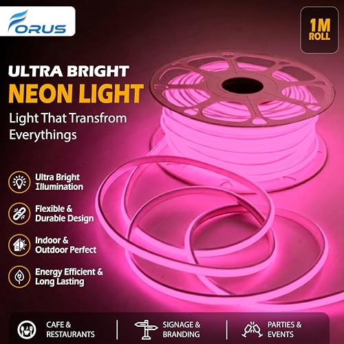 Image of Forus 1M LED Neon Strip Light Pink, 240 LEDs /M High Brightness COB Neon Rope Light, Waterproof IP65 Flexible Silicone Strip, Cuttable LED Light for Home, Bedroom, Wall Decor, Shop, Festival Lighting