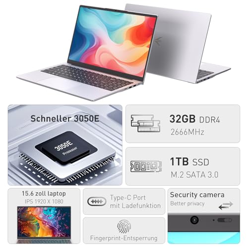 Auusda Laptop 15,6 Zoll Notebook, 32GB DDR4 RAM 1TB SSD, 3050E Prozessor, Fingerabdrucksensor, beleuchtete Tastatur, Ziffernblock, Privacy-Kameraabdeckung, leichtes Notebook für Schule & Büro 2
