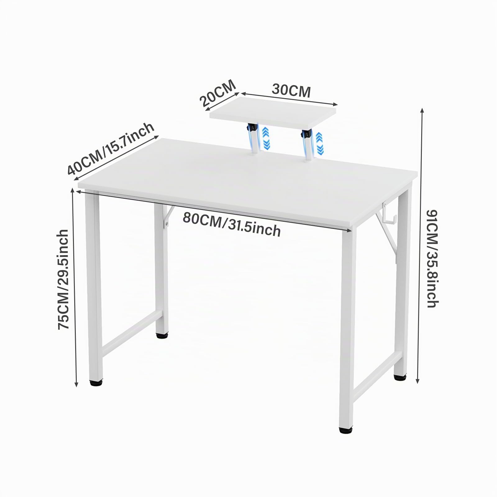 Bureau Informatique 80x40cm, Bureau d'Ordinateur Simple, Petit Table de Bureaux avec Support Amovible de Surélévation, Adapté au Bureaux, au Salon, à la Maison (Blanc)
