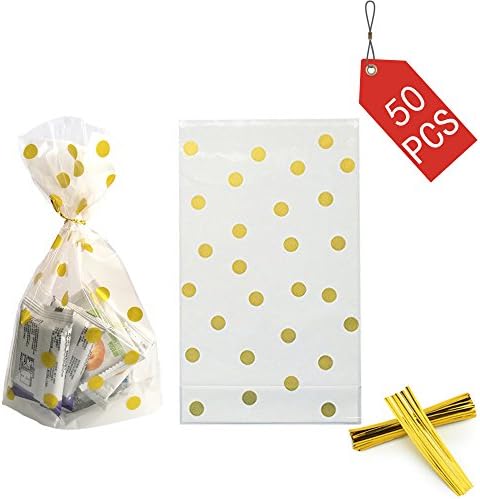 We Moment Clear Cello Bags for Treat Candy Cookie Party Favor Bags, Plastic Bags for Bakery, Cookies, Candies Chocolate,Snack Wrapping,for Wedding Shower Kid’s Birthday Party,Gold Dot,50pcs