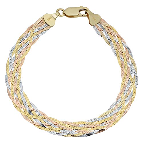 Kooljewelry 10k Tricolor Gold Braided Herringbone Bracelet (7.3 mm, 7.5 inch)