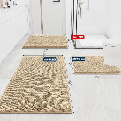 Smiry Luxury Chenille Bathroom Rugs 30x20, Extra Soft and Absorbent Shaggy Bath Mat, Machine Washable, Non-Slip Plush Carpet Runner for Tub, Shower, and Floor, Home Decor Accessories, Beige