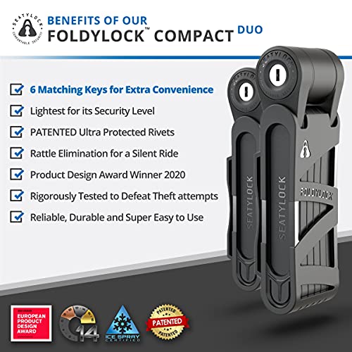 Foldylock Compact Folding Bike Locks - Set Of 2 Matching Bike Locks With 6 Identical Keys - Patented Lightweight Heavy Duty Anti Theft Locks With Carrying Cases For Bicycles And E-Bikes - 85 Cm #TOP1