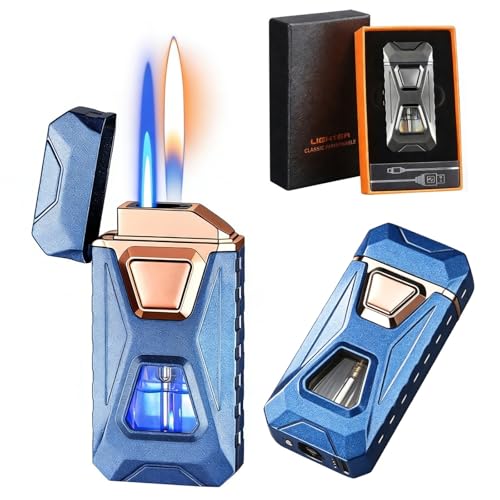 Encendedor de doble llama con activación, 4 métodos de encendido, llama abierta y azul, ventana transparente, recargable de butano, diseño resistente al viento