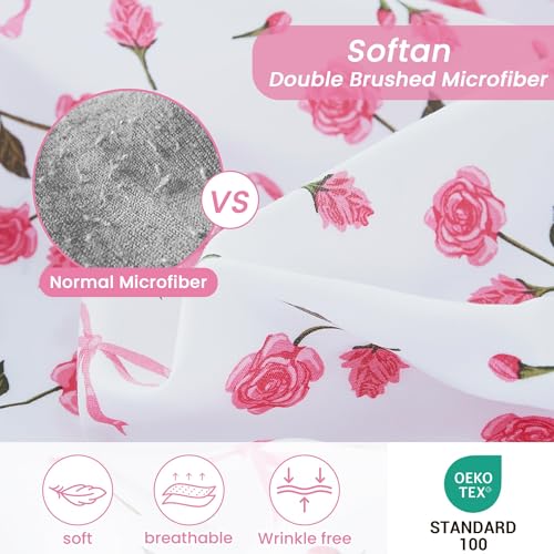 Image of Softan Pink Floral Queen Bed Sheets, Cozy Microfiber Flower Printed Sheets with 15 inch Deep Pocket Fitted Sheet & Non-Slip Straps, Patterned Pink Rose - Bow Sheets & Pillowcase Set