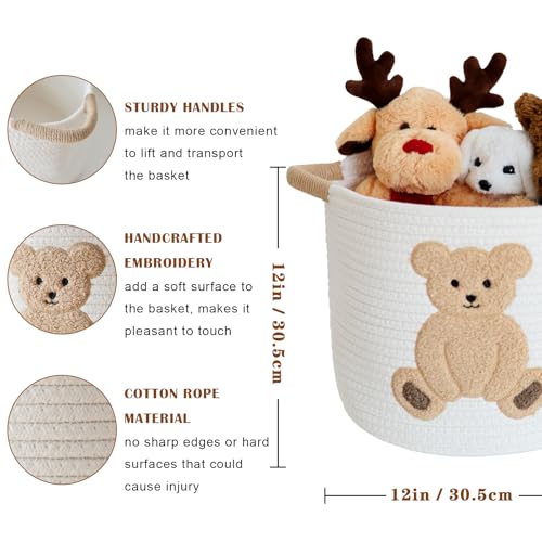 Image of Cotton Rope Basket Toy Storage Baskets for kids Laundry Hamper, Gift Basket Empty Baby Shower Baskets with Handles, Cute Bins Blanket Stuffed Animal Storage for Nursery, Living Room Decor, Bear