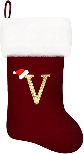 Miniatura 20 de Calcetines de Navidad bordados de 20 pulgadas con monograma, terciopelo rojo con puño de felpa blanca supersuave, adornos clásicos para decoración