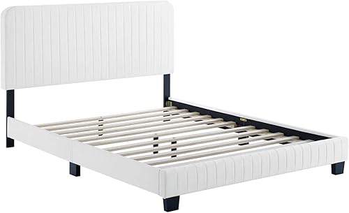 Miniatura 4 de Modway Celine Channel - Cama de plataforma de terciopelo copetudo de rendimiento en color blanco
