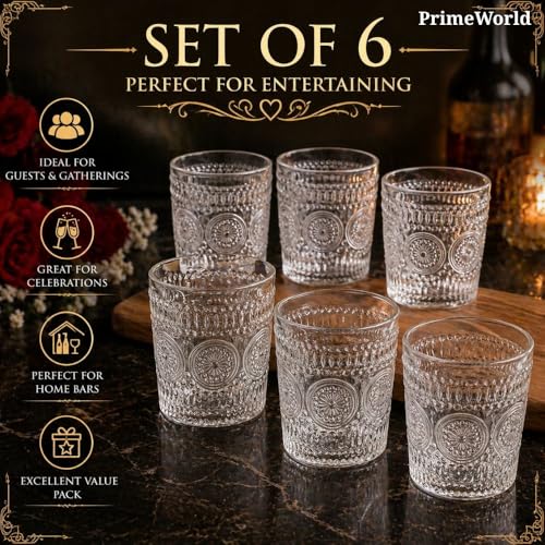 Image of PrimeWorld Embossed Romantic European Crystal Whiskey Glasses Set of 6 pcs- 300 ml Bar Glass for Drinking Bourbon, Whisky, Scotch, Cocktails, Cognac- Old Fashioned Cocktail Tumblers