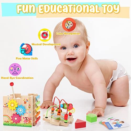 WOODMAM 8 in 1 Wooden Sorting and Stacking Toy Set Montessori Wooden Activity Cube Baby Toys for 1 Year Old Toddlers with Shape Sorting Abacus Xylophone STEM Toys Gift for Baby Boys Girls Age 1 2 3