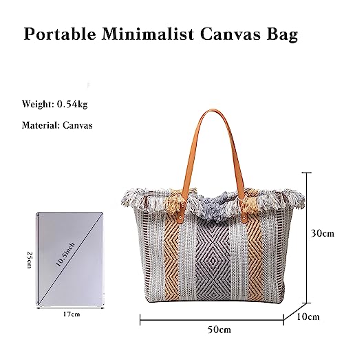 Image of CORIOS Tote Bag for Women Cute Canvas Shoulder Bag Summer Vibe Beach Bag Casual Handbag Bohemian Hobo Bag with Tassels