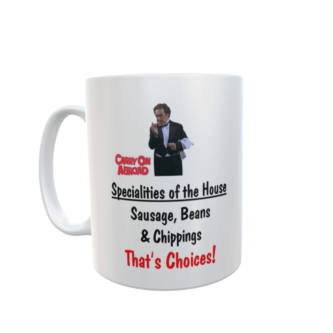 Decalarama Carry On Mug Gift - Abroad Sausage Beans and Chippings - Cute Funny Novelty Comedy Movie Cup Present