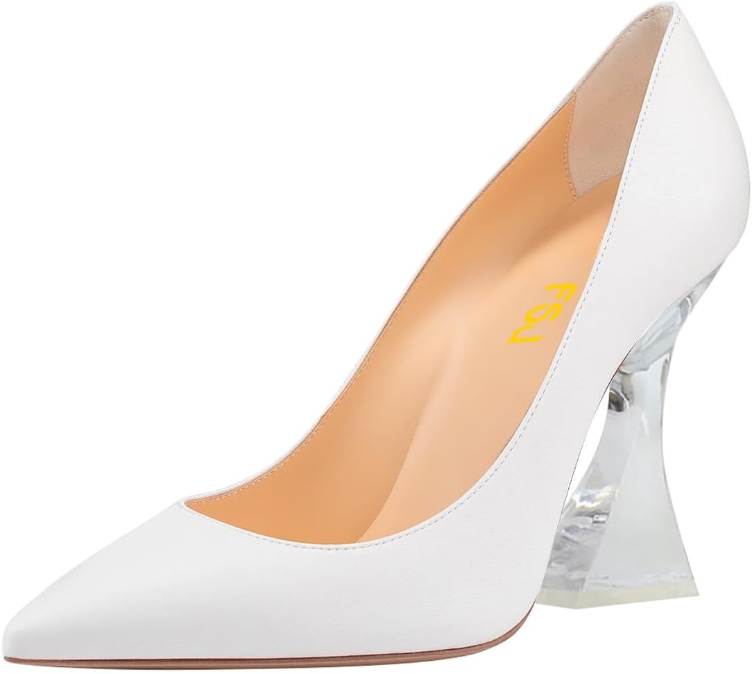 FSJ Women Sexy Pointed Toe Pumps Chic Transparent Chunky High Heel Slip On Closed Toe Office Lady Formal Wedding Party Dress Shoes Size 4-16 US