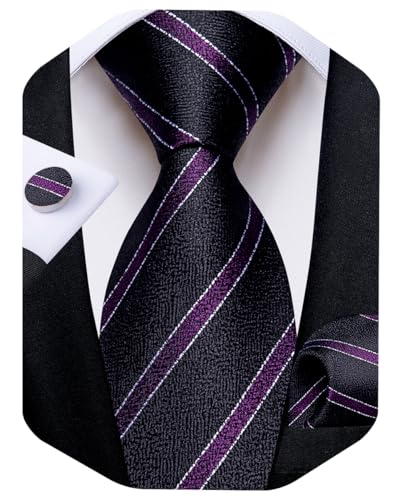 Image of DiBanGu Striped Tie Set for Men Silk Woven Plaid Necktie and Pocket Square Cufflinks Business Wedding