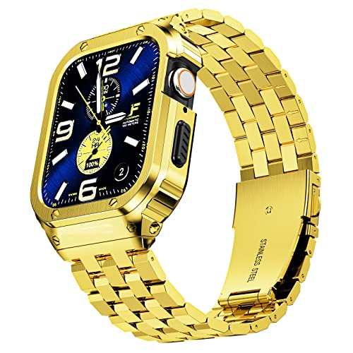 SUPLINK Stainless Steel Case with Band Compatible with Apple Watch Strap Series 9 8 7 45mm Metal Rugged Protector Cover for iWatch Men (Gold)